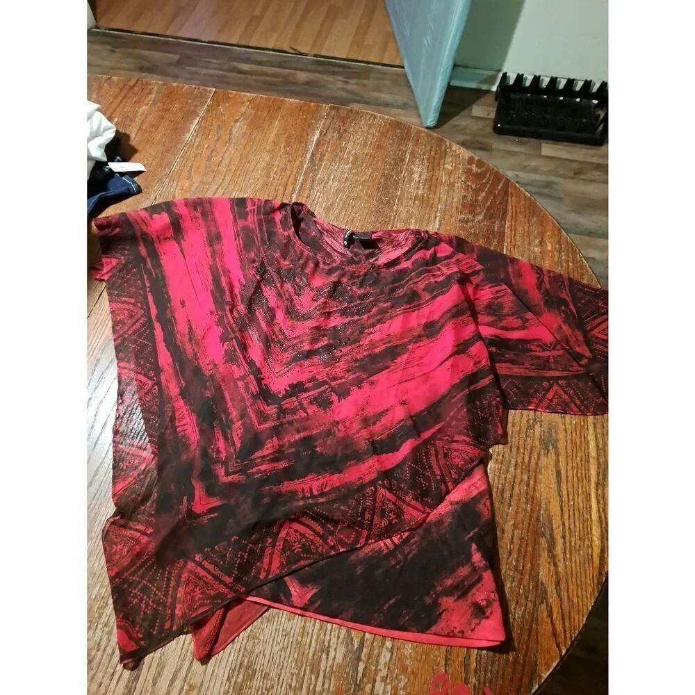 New Direction Red Black Embellished Cape Sleeve Blouse Medium Semi Sheer Shirt